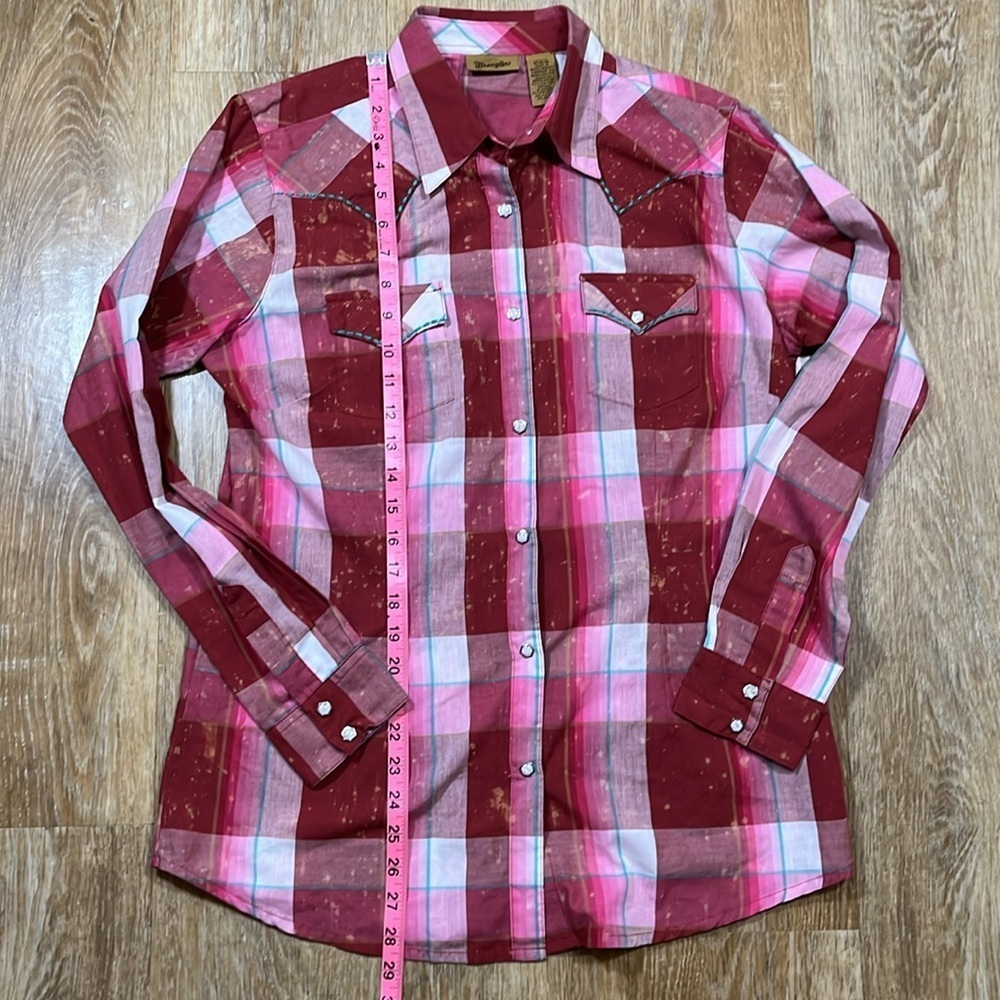 Wrangler EUC Pearl Snap Button Front Long Sleeve Western Shirt Pink Plaid Medium - Picture 9 of 11